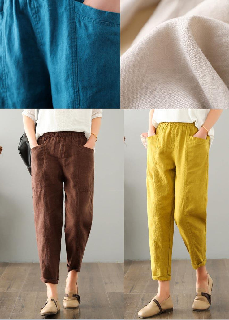 Natural Yellow Pockets Cotton Linen  Pants Summer - SooLinen