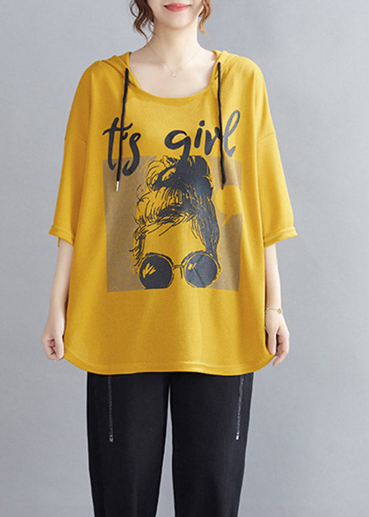 Natural Yellow Print Cotton Hooded Top Half Sleeve