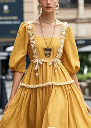 Natural Yellow Square Collar Exra Large Hem Holiday Dress Half Sleeve