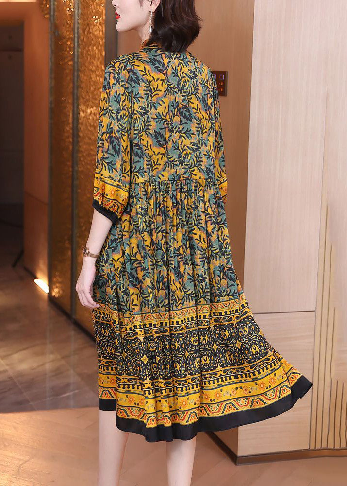 Natural Yellow Stand Collar Print Button Silk Maxi Shirts Dress Spring