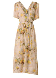 Natural Yellow V Neck Print Lace Up Silk Dress Summer