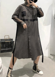 Natural lapel collar patchwork tulle cotton tunic dress Work gray green Traveling lapel Dress