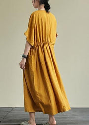 Natural yellow linen outfit o neck elastic waist linen robes summer Dresses