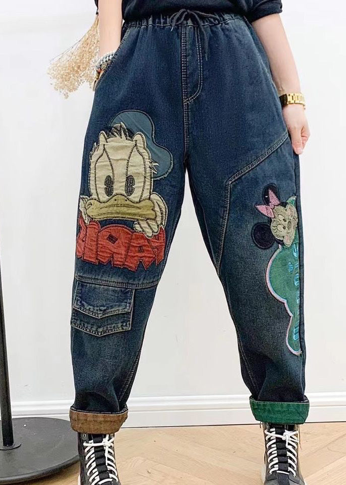 Navy Blue Elastic Waist Crop Harem Jeans