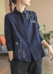 Navy Blue Embroidered Floral Cotton Shirt Spring