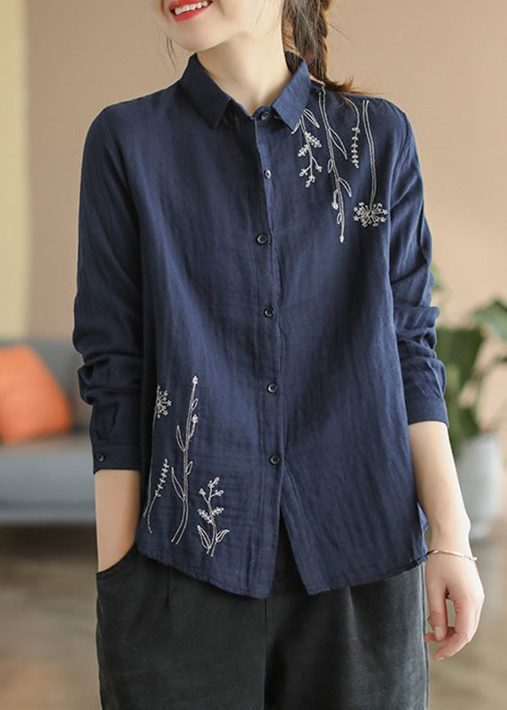 Navy Blue Embroidered Floral Cotton Shirt Spring