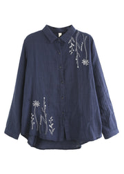 Navy Blue Embroidered Floral Cotton Shirt Spring