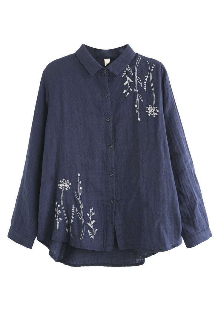 Navy Blue Embroidered Floral Cotton Shirt Spring