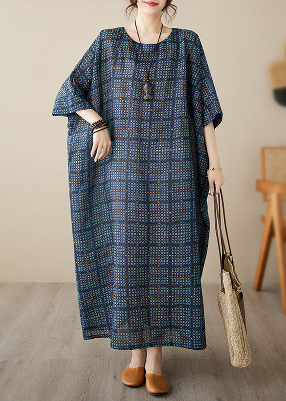 Navy Blue O-Neck Plaid Maxi Dress Short Sleeve