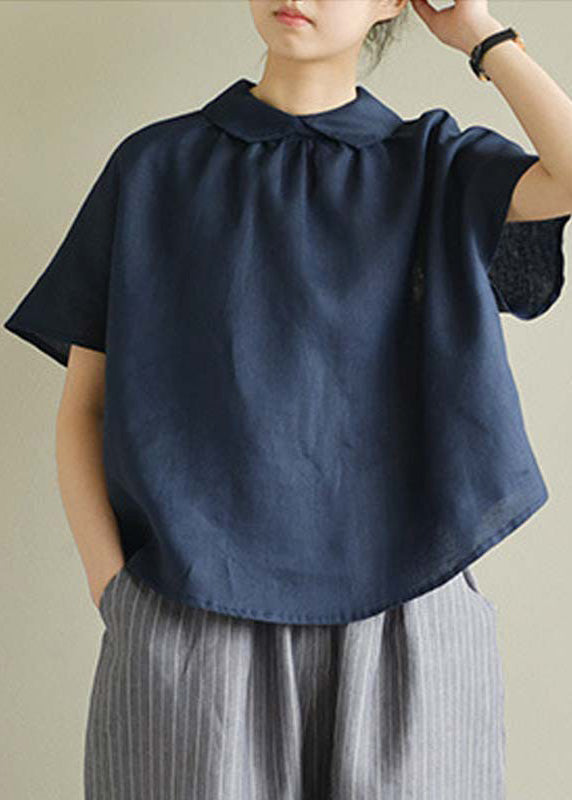 Navy Blue Patchwork Cozy Linen Top Short Sleeve