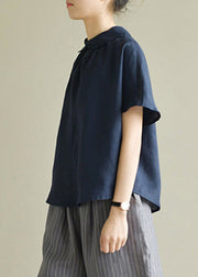 Navy Blue Patchwork Cozy Linen Top Short Sleeve