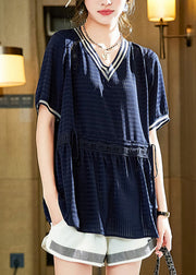 Navy Blue Patchwork Wrinkled Tie Waist Tops Summer