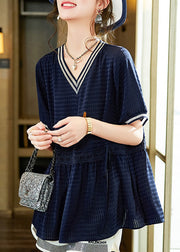 Navy Blue Patchwork Wrinkled Tie Waist Tops Summer