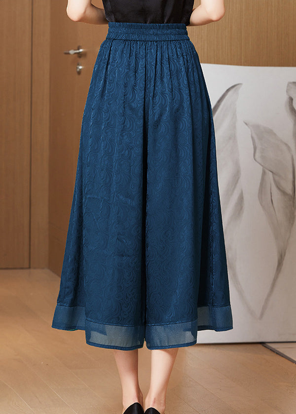 Navy Blue Jacquard High Waist Pants Skirt Silk