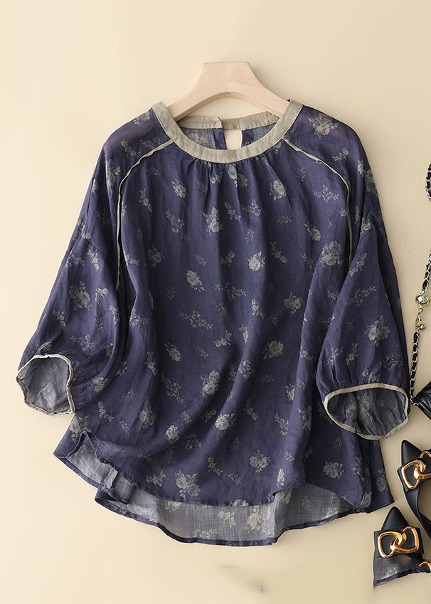 Navy Button Patchwork Cotton Tops O Neck Spring