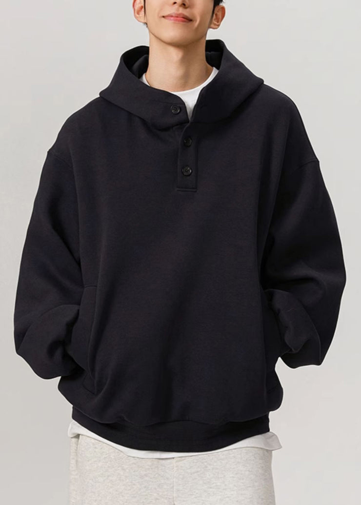 Navy Button Solid Cotton Mens Sweatshirts Hooded Spring