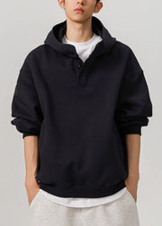 Navy Button Solid Cotton Mens Sweatshirts Hooded Spring