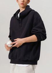 Navy Button Solid Cotton Mens Sweatshirts Hooded Spring