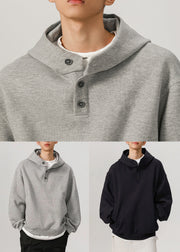 Navy Button Solid Cotton Mens Sweatshirts Hooded Spring