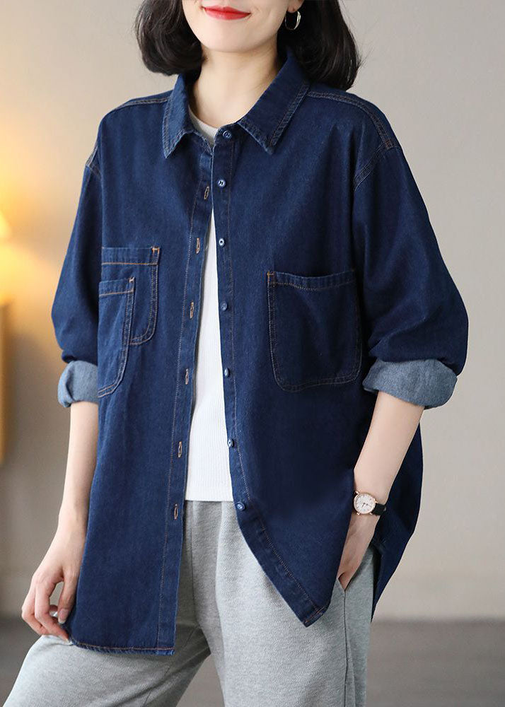 Navy Cotton Denim Coats Oversized Turn-down Collar Spring