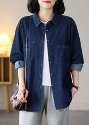 Navy Cotton Denim Coats Oversized Turn-down Collar Spring