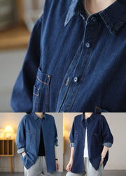 Navy Cotton Denim Coats Oversized Turn-down Collar Spring