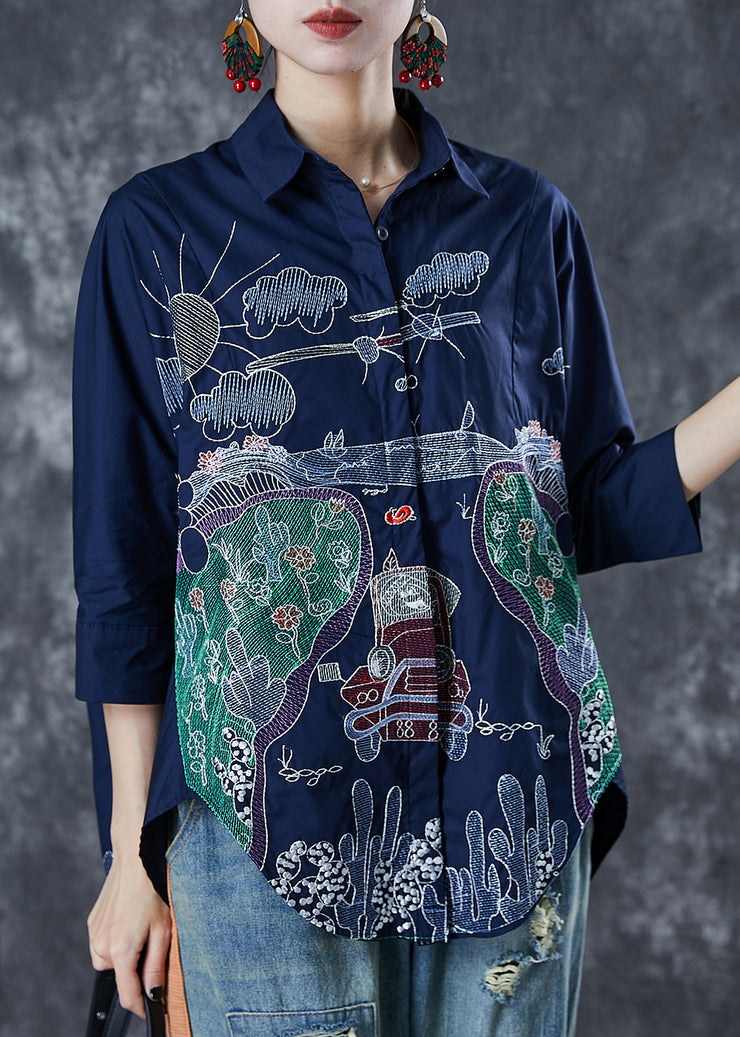 Navy Cotton Shirt Top Embroidered Half Sleeve