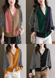 Navy Cozy Patchwork Knit Cardigans Striped Long Sleeve