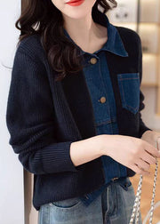 Navy Denim Patchwork Knit Coats Peter Pan Collar Spring