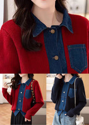 Navy Denim Patchwork Knit Coats Peter Pan Collar Spring