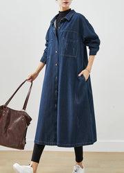 Navy Denim Trench Coats Oversized Pockets Fall