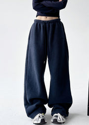 Navy Elastic Waist Warm Fleece Wide Leg Pants