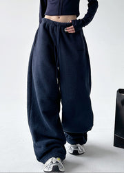 Navy Elastic Waist Warm Fleece Wide Leg Pants