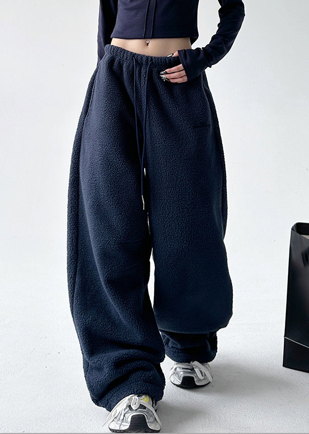 Navy Elastic Waist Warm Fleece Wide Leg Pants