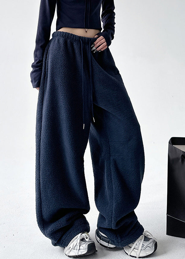 Navy Elastic Waist Warm Fleece Wide Leg Pants