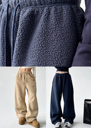 Navy Elastic Waist Warm Fleece Wide Leg Pants