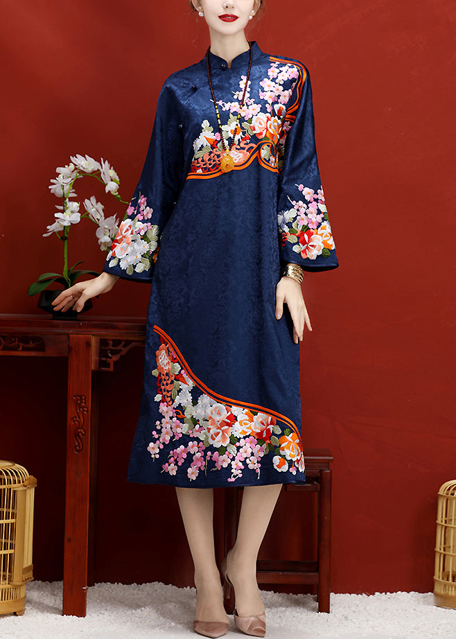 Navy Embroideried Button Side Open Silk Maxi Dress Long Sleeve