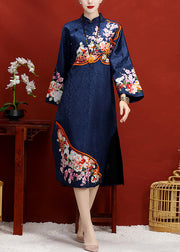 Navy Embroideried Button Side Open Silk Maxi Dress Long Sleeve