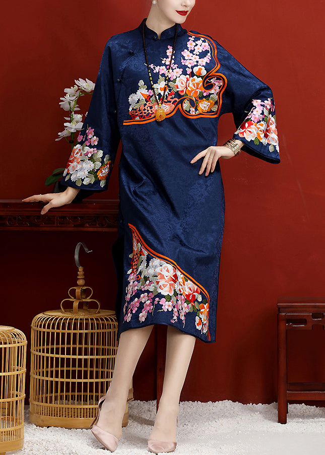 Navy Embroideried Button Side Open Silk Maxi Dress Long Sleeve