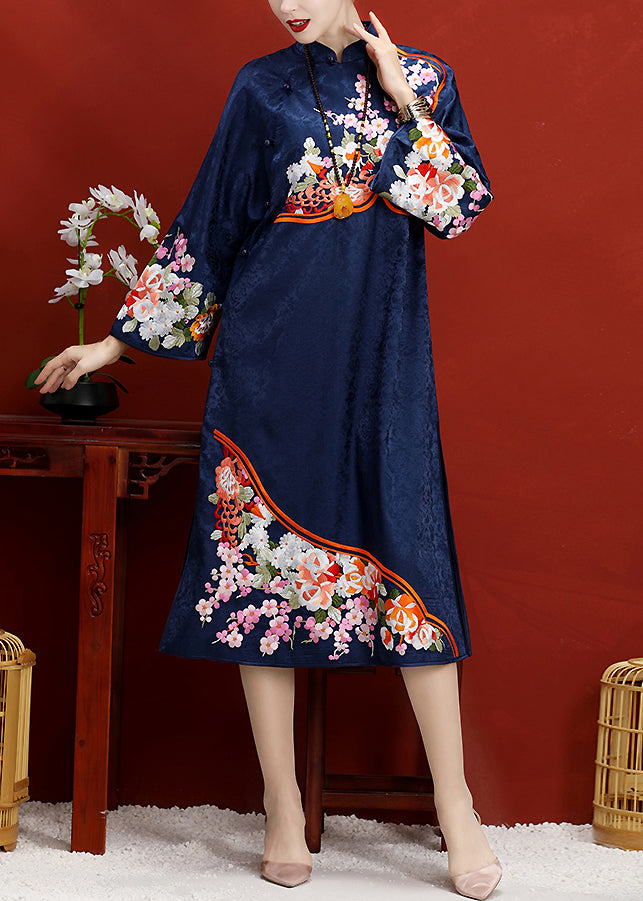 Navy Embroideried Button Side Open Silk Maxi Dress Long Sleeve