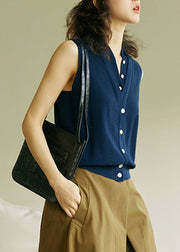 Navy Fake Two Pieces Knit Woolen Tops Sleeveless