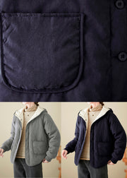 Navy Fine Cotton Filled Loose Hooded Jacket Pockets Button Spring