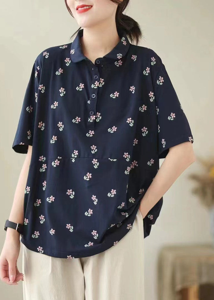 Navy Floral Patchwork Cotton T Shirt Peter Pan Collar Summer