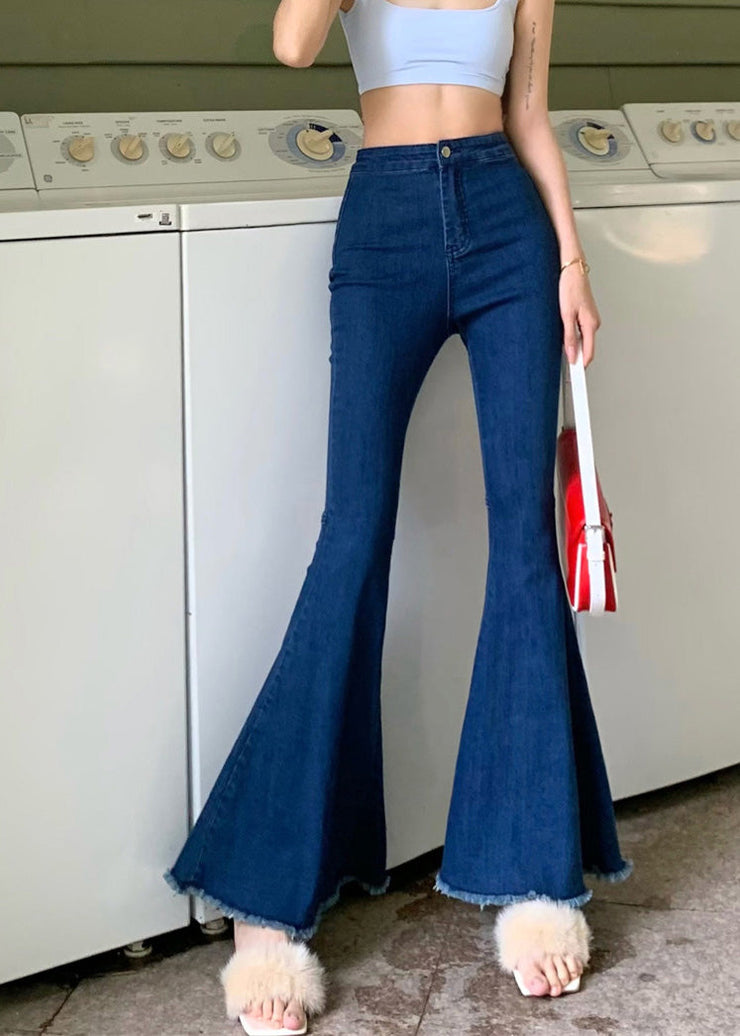 Navy High Waist Button Solid Flared Trousers