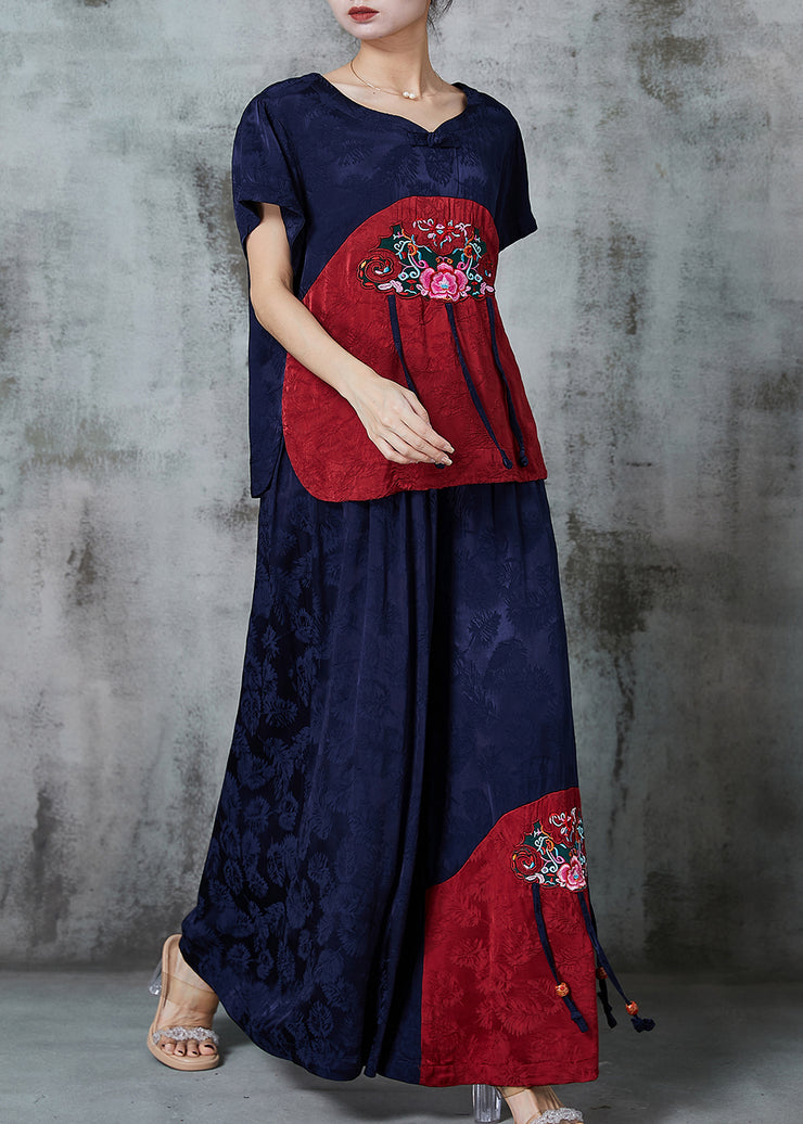 Navy Jacquard Silk Oriental 2 Piece Outfit Tasseled Embroidered Summer