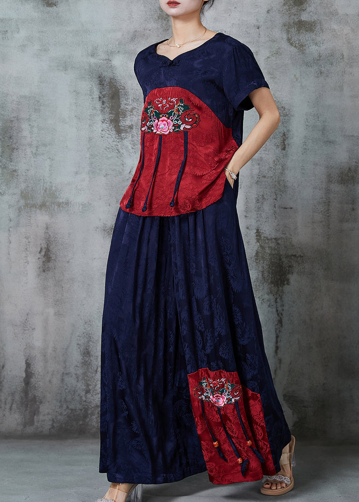 Navy Jacquard Silk Oriental 2 Piece Outfit Tasseled Embroidered Summer