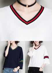 Navy Knit Pullover Tops Oversized Low High Design Bracelet Sleeve