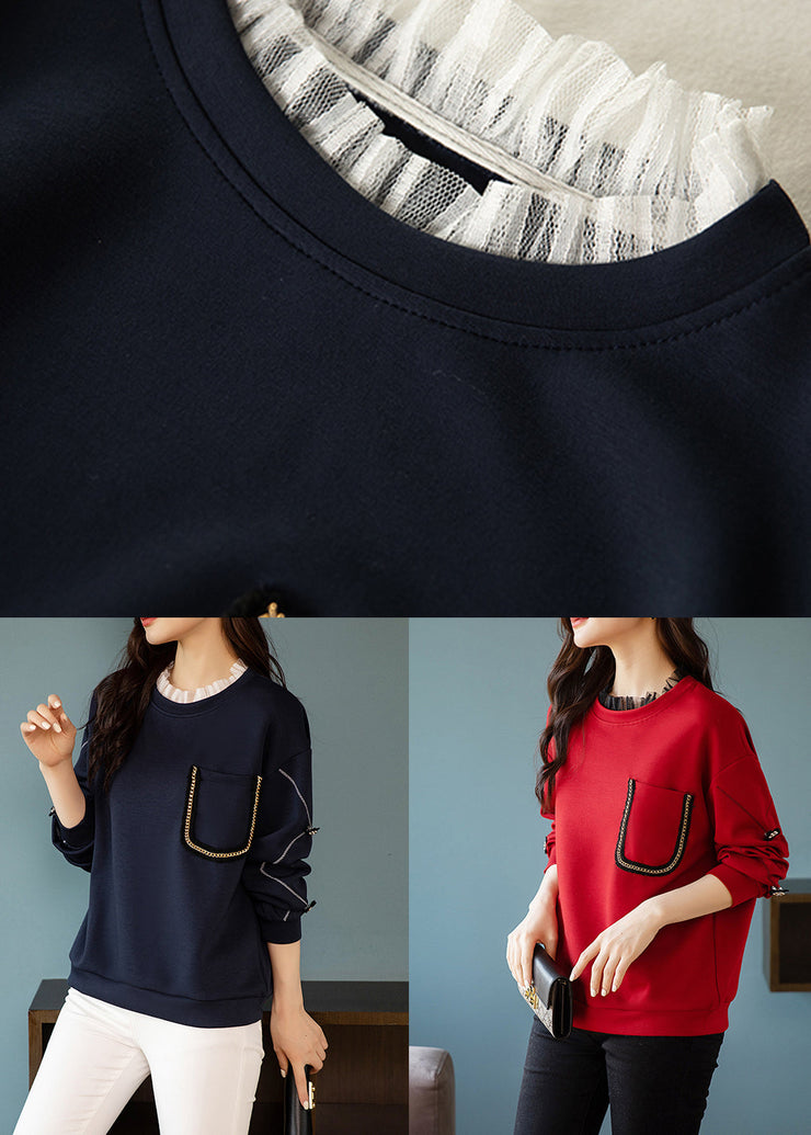 Navy Lace Patchwork Cotton Sweatshirt O Neck Long Sleeve