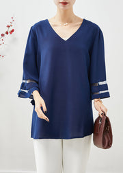 Navy Loose Chiffon Shirt Tops V Neck Hollow Out Flare Sleeve