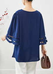 Navy Loose Chiffon Shirt Tops V Neck Hollow Out Flare Sleeve